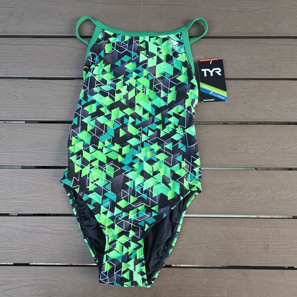 TYR Women's Nylon Green/black Labyrinth DiamondFit 1 Pc Swimsuit Sz 34 NEW